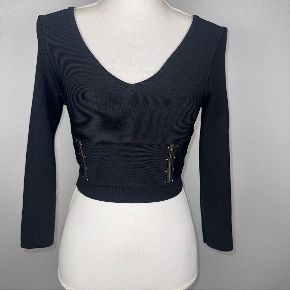 Vintage Bebe Womens Small Black Crop Top Stretch Knit Ribbed Stud Details Y2K